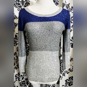 VTG color block sweater 3/4 sleeves sequin Navy Blue Gray machine knitting M siz